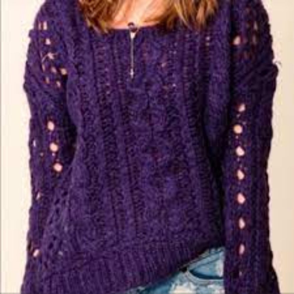 Free People Maribel Purple Mohair Wool Blend Crochet Knit Sweater Size S
